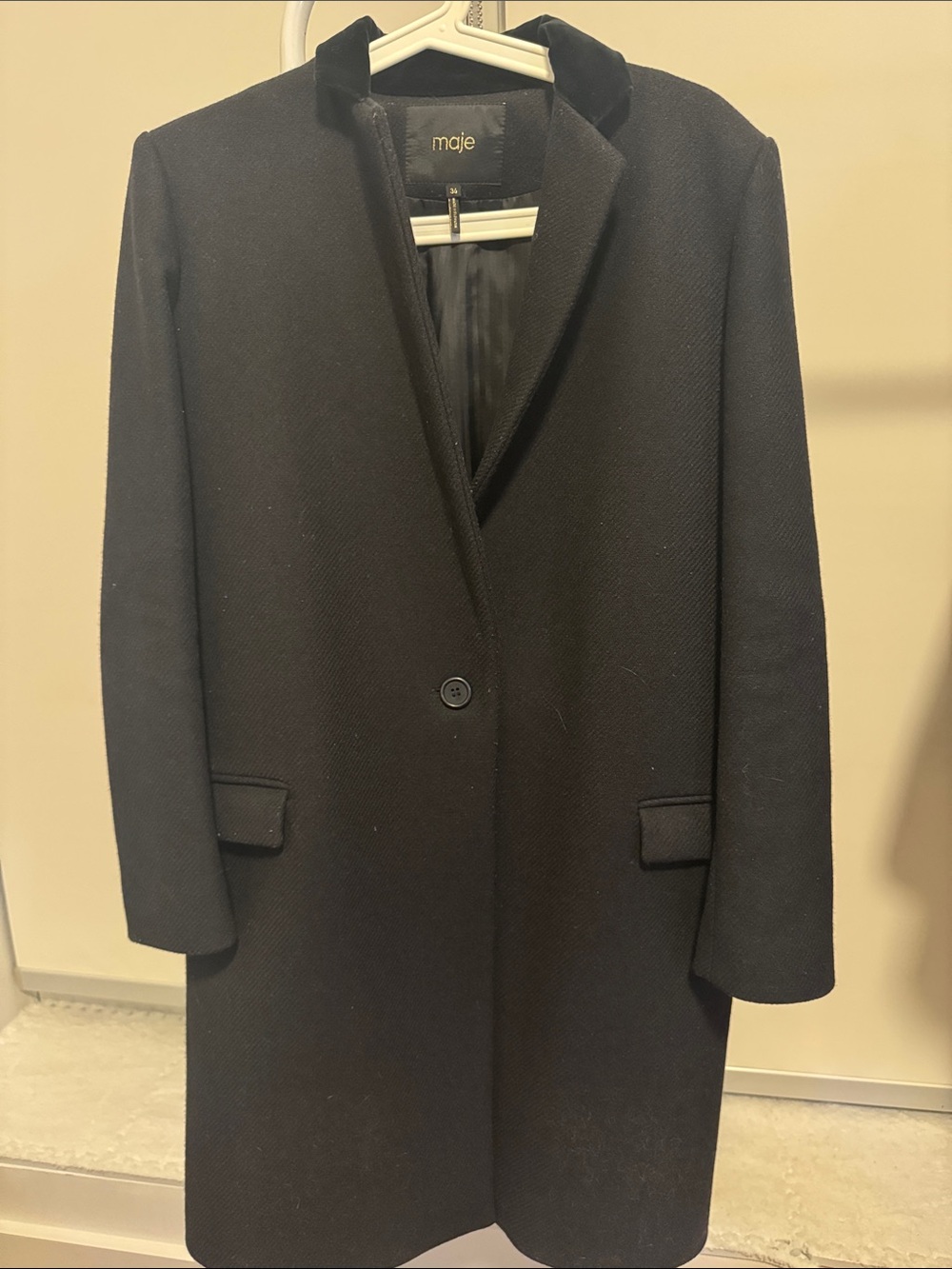 Maje Black Single-Button Pea Coat with Velvet Collar Trim